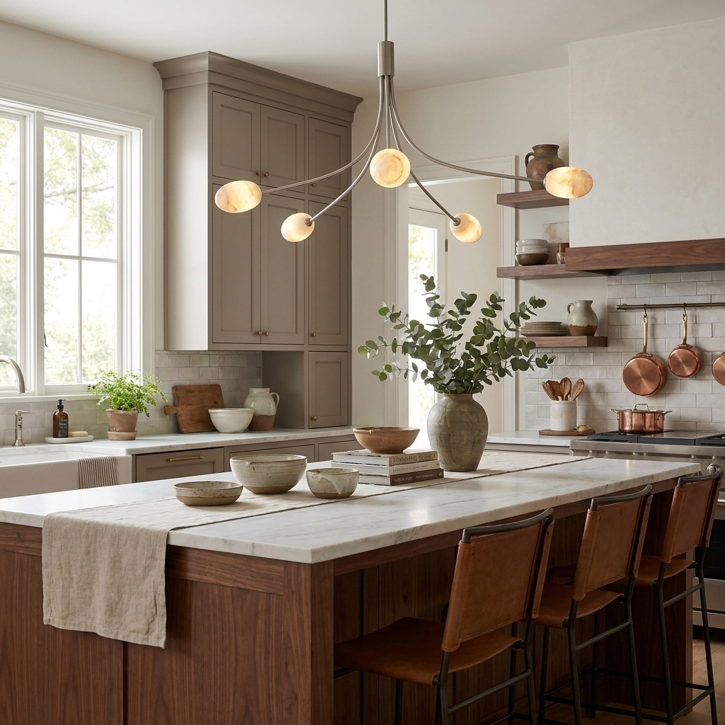 In a taupe kitchen, the brushed-nickel Clérachic chandelier lights an island lined with copper cookware.