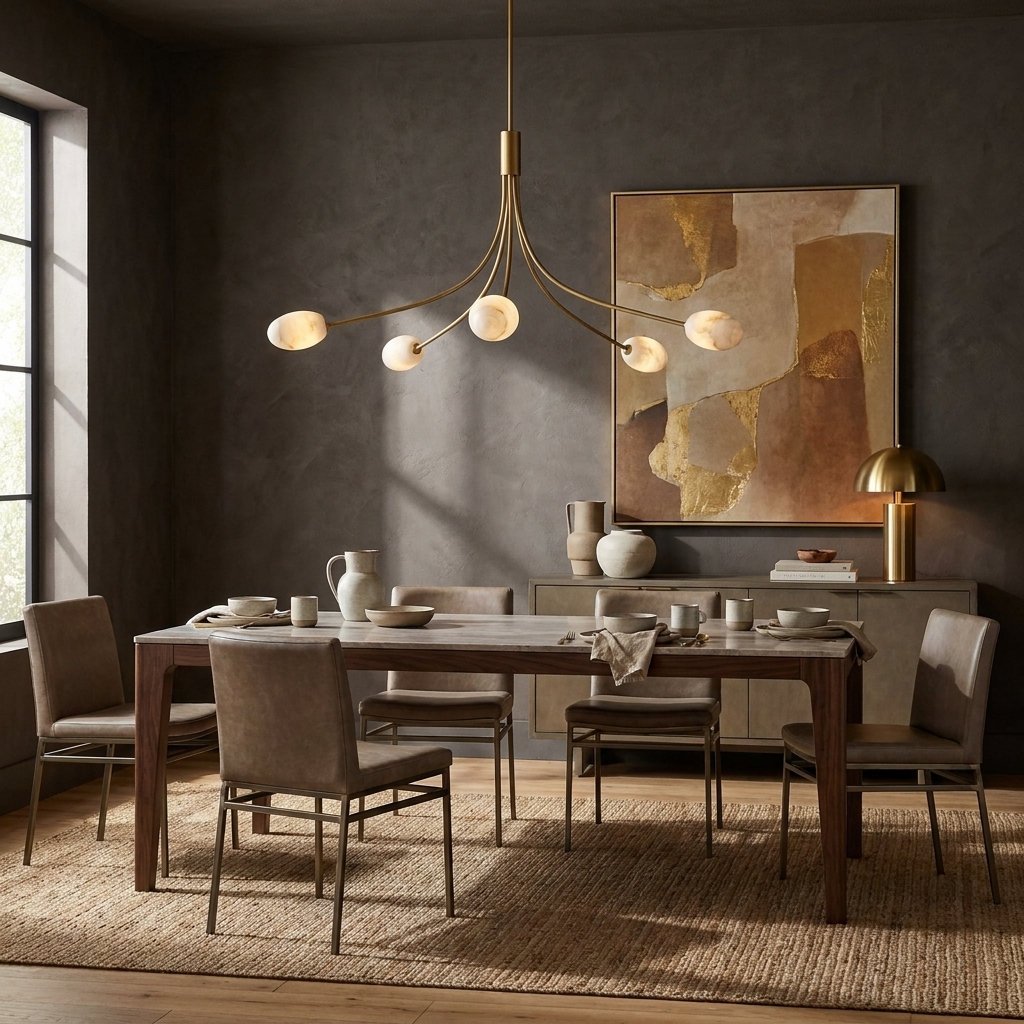 The brushed-brass Clérachic chandelier hangs in a dark dining room beside a sideboard and framed abstract art.