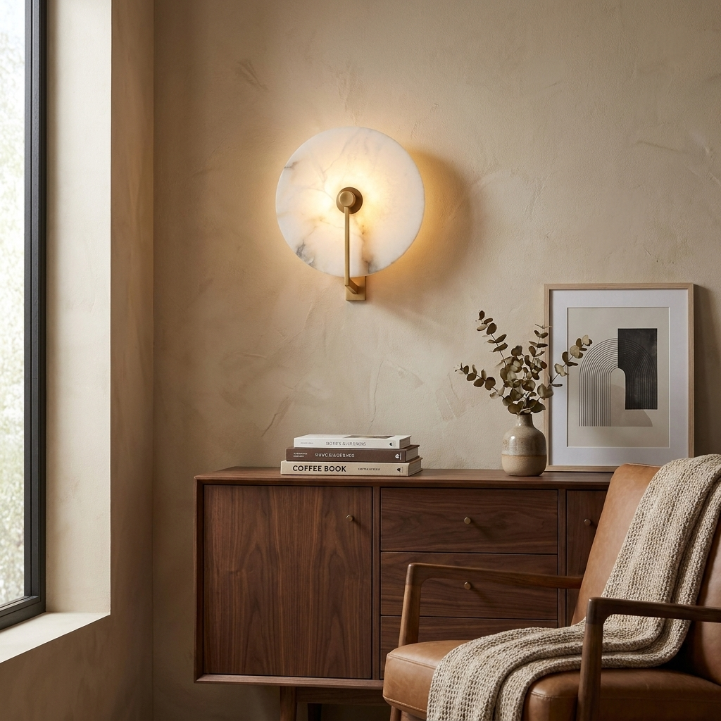 This brushed-brass Clérachic wall sconce glows beside a leather armchair and a stack of books.