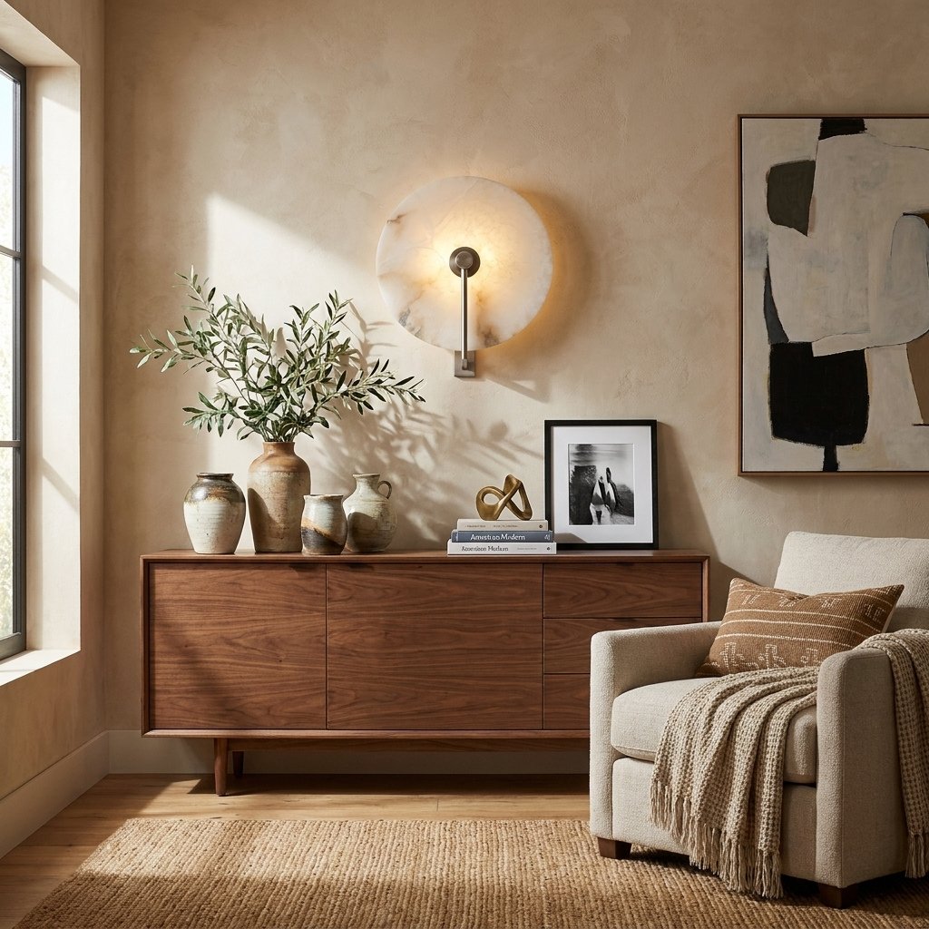 This brushed-brass Clérachic wall light glows above a walnut sideboard styled with vases and an olive branch.
