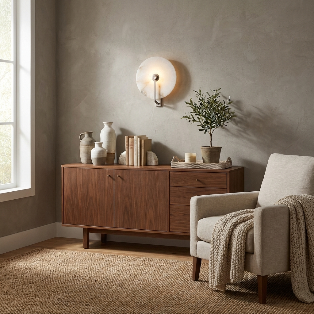A brushed-brass Clérachic wall light glows beside a walnut sideboard with vases and a trailing plant.