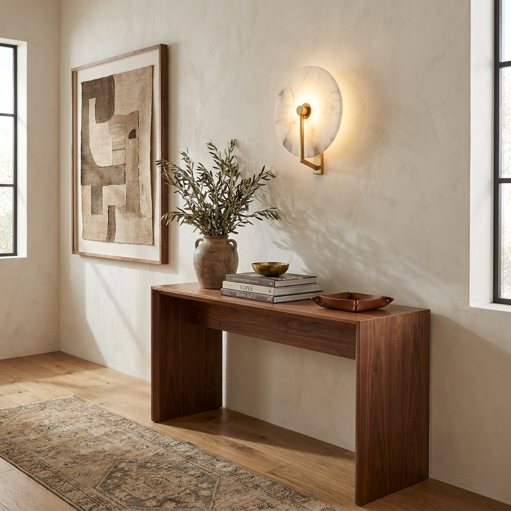 The brushed-brass Clérachic wall light glows over a console table beneath an abstract framed print.