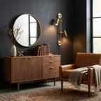 Beside a round mirror, this Clérachic plug-in spotlight in bronze finish hangs above a walnut sideboard.