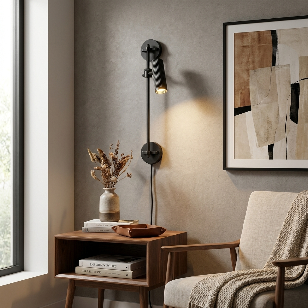This Clérachic plug-in spotlight in black finish lights a side table beside an armchair with a folded throw.