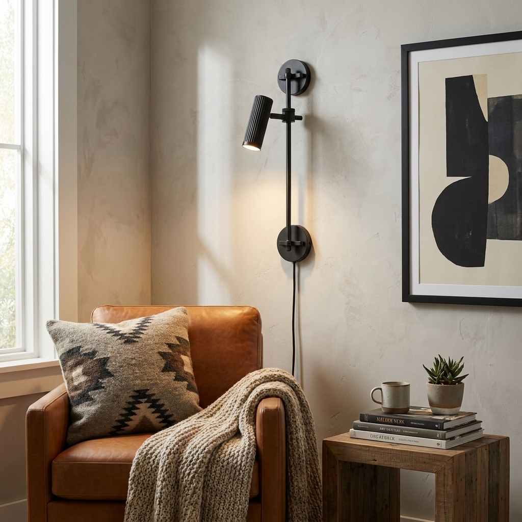 This Clérachic plug-in spotlight in black finish lights a tan leather armchair with a patterned cushion.