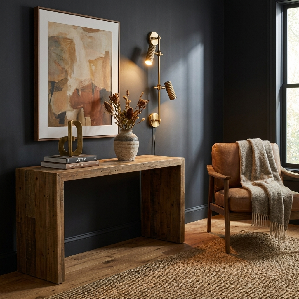 In an entryway with dark walls, this Clérachic plug-in spotlight in bronze finish lights a console table.