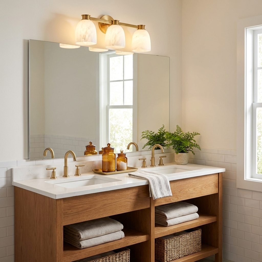 This Clérachic bar sconce in brass finish lights a double vanity with amber bottles set out on the counter.