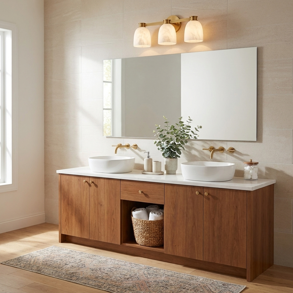 This Clérachic bar sconce in brass finish hangs above a mirror over a double vessel-sink vanity in wood.