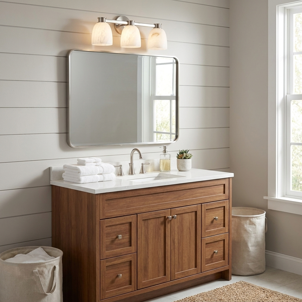 This Clérachic bar sconce in satin nickel finish lights a single vanity mirror against a shiplap wall.
