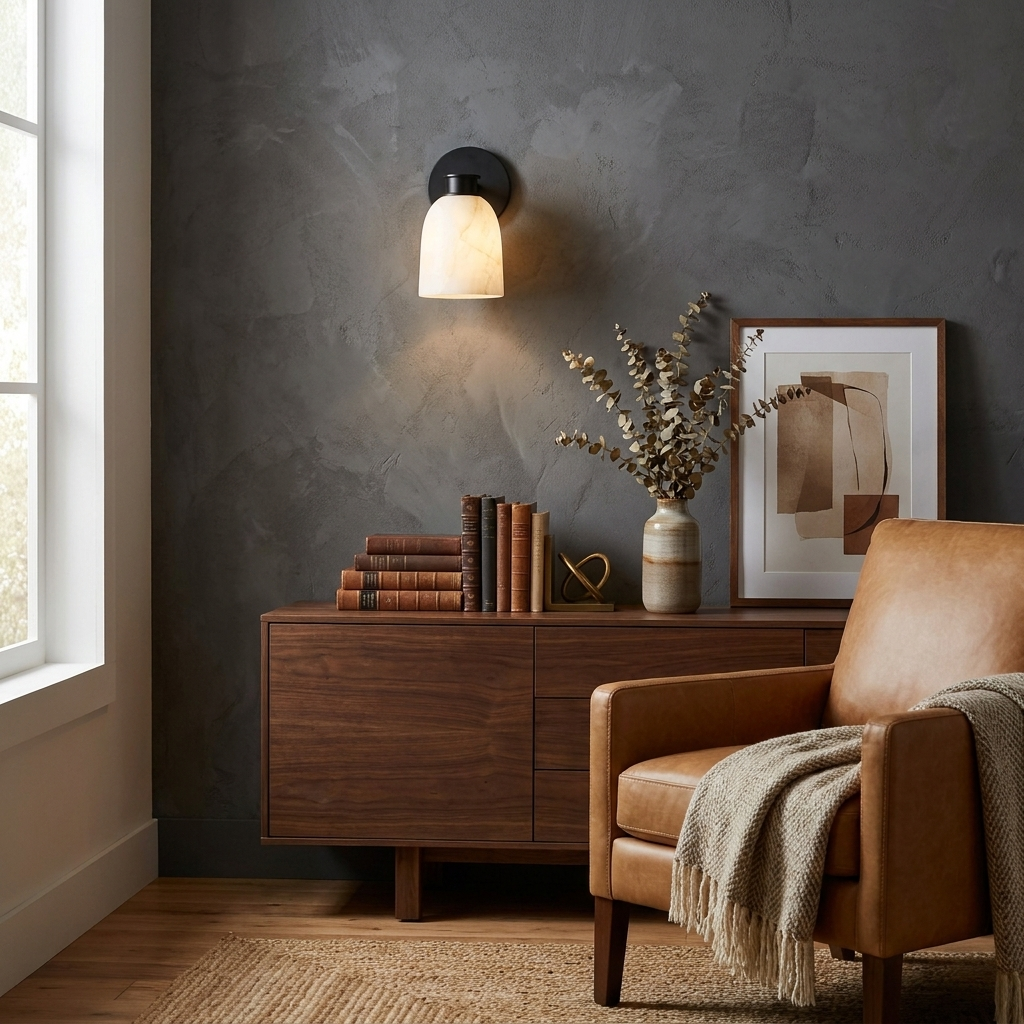 Against a dark charcoal wall, this Clérachic wall sconce in black finish lights a sideboard and leather armchair.