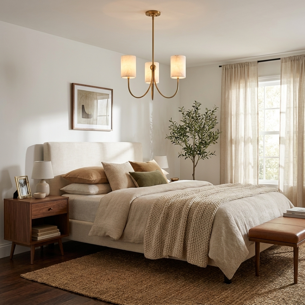 Above a bed with a cream upholstered headboard, this Clérachic chandelier hangs in a warm brass finish.