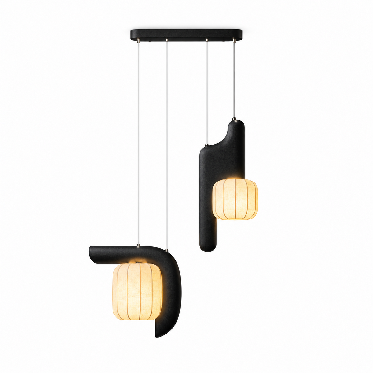 This two-light Clérachic fixture in black appears here in studio, its bent and vertical shades both glowing warm.