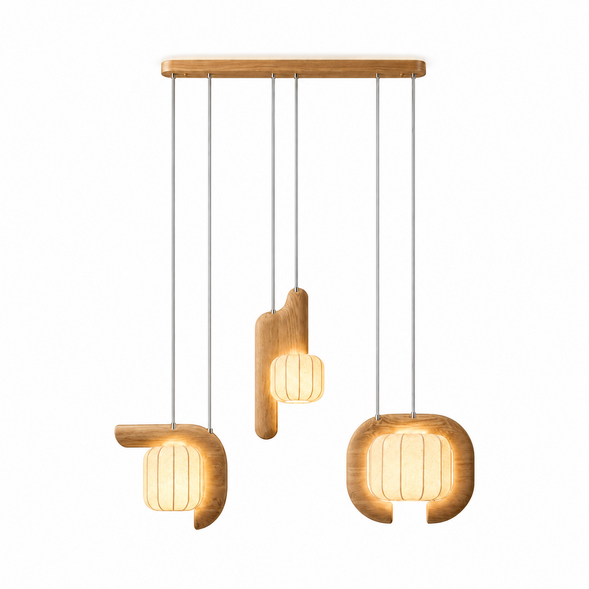 From a slightly different angle, this three-light Clérachic fixture in light wood shows its three glowing shade shapes.