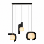 Studio image of this three-light Clérachic fixture in black, its vertical, bent and closed-loop shades all lit.