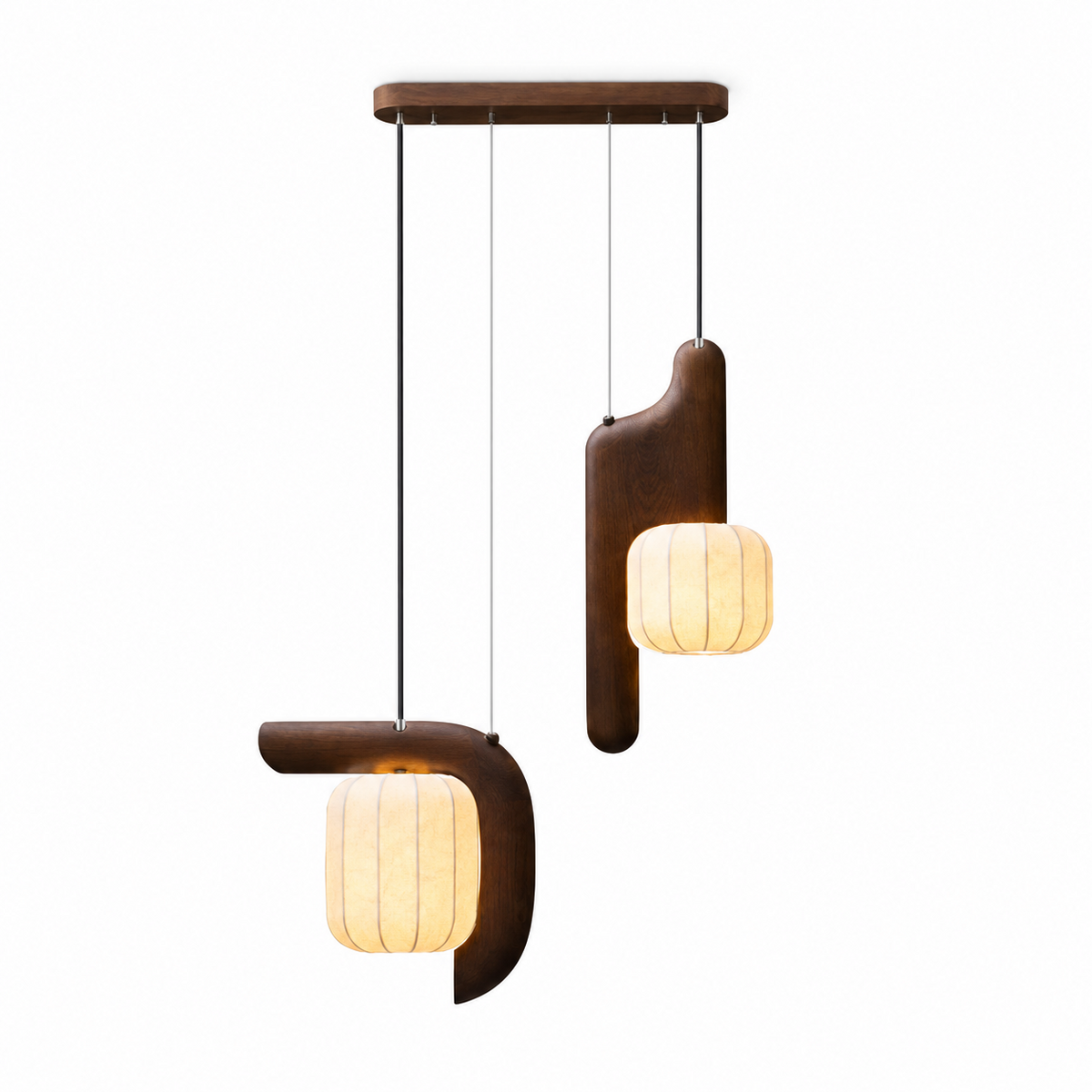 In dark wood, this two-light Clérachic fixture shows its vertical and bent shades glowing warm in studio light.