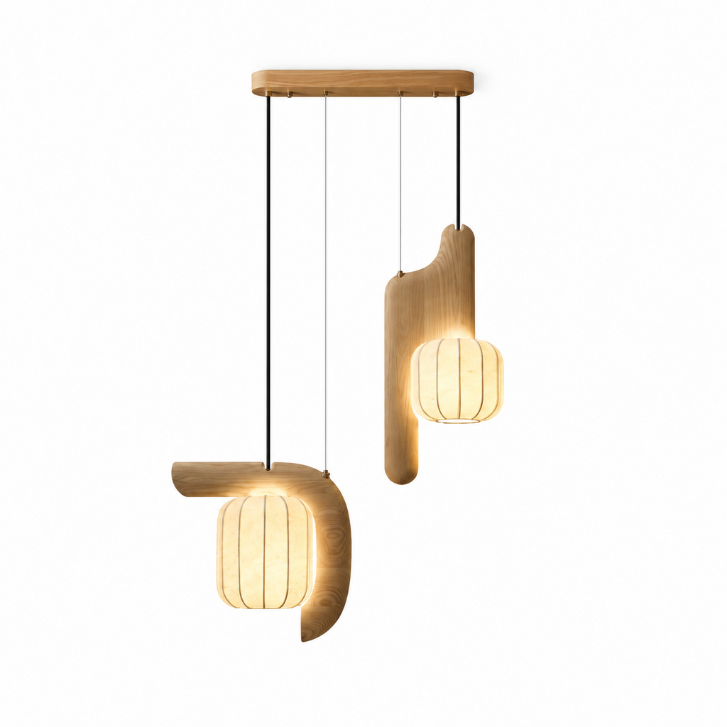 Studio shot of this two-light Clérachic fixture in light wood, its bent and vertical shades glowing softly.
