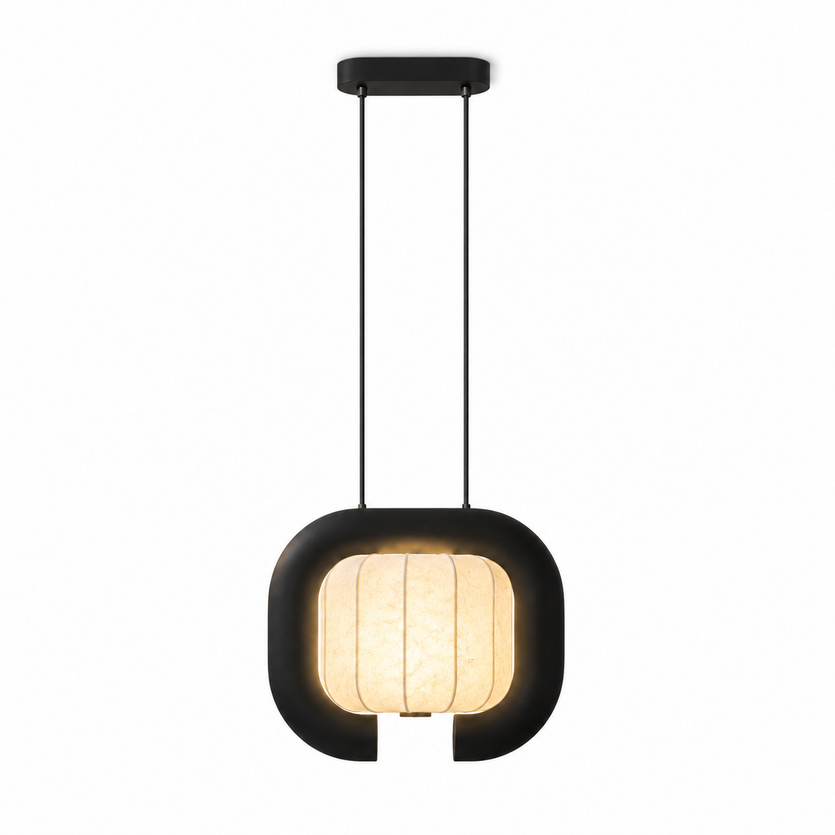 Studio shot of this black, closed-loop Clérachic pendant, its rounded shade glowing beneath a small ceiling plate.