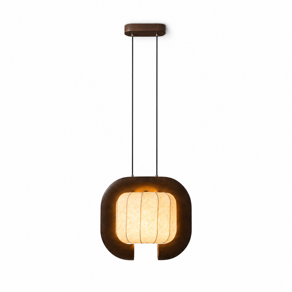 This dark wood, closed-loop Clérachic pendant appears here in a plain studio shot, its shade glowing warm beneath a round canopy.