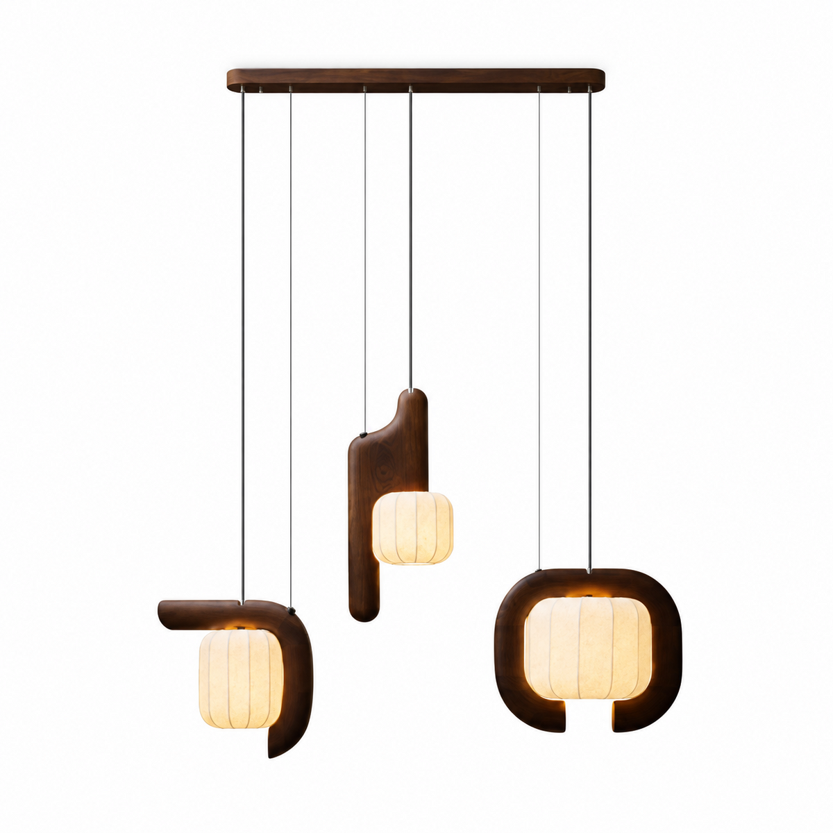 This three-light Clérachic fixture appears here in dark wood, its vertical, bent and closed-loop shades all glowing softly.