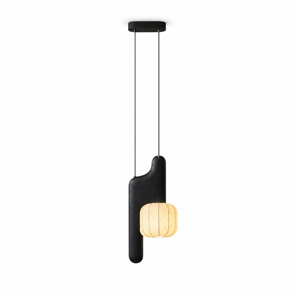 Studio image of this two-light Clérachic fixture in black, one bent-style shade glowing beneath its dual-cord canopy.