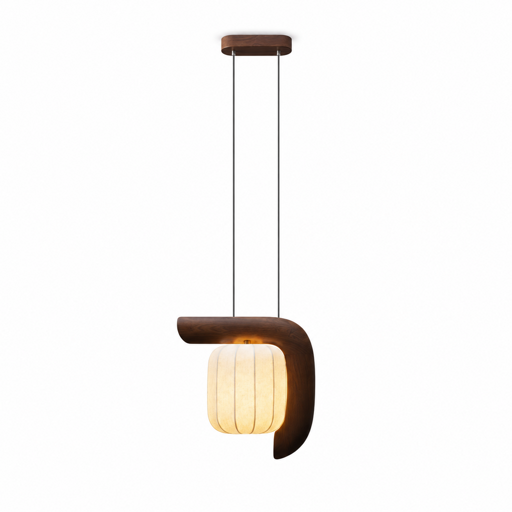 Studio shot of this dark wood, vertical-style Clérachic pendant, its shade glowing warm on a long single cord.