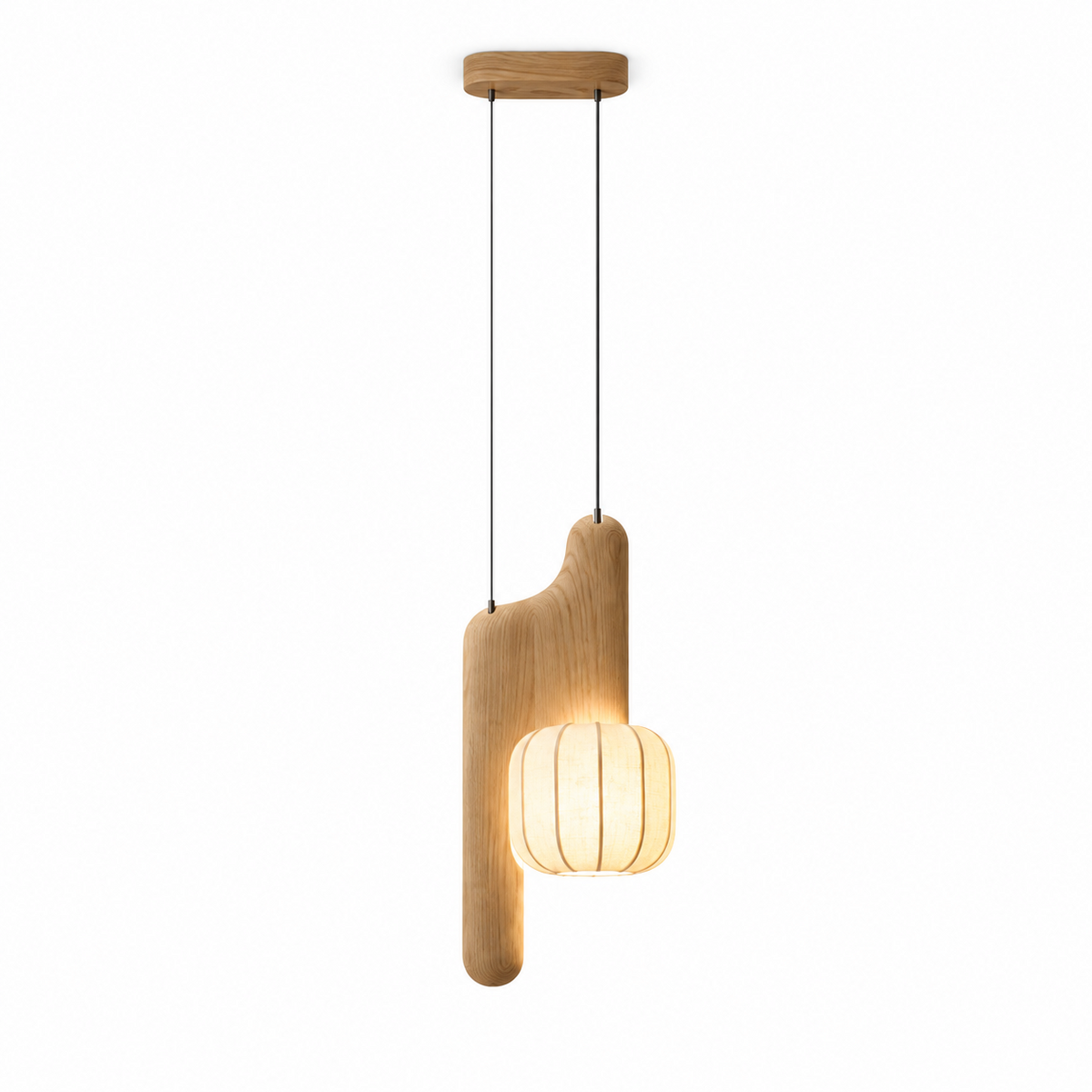 This light wood, vertical-style Clérachic pendant appears here in studio, its tall curved arm topped with a glowing shade.