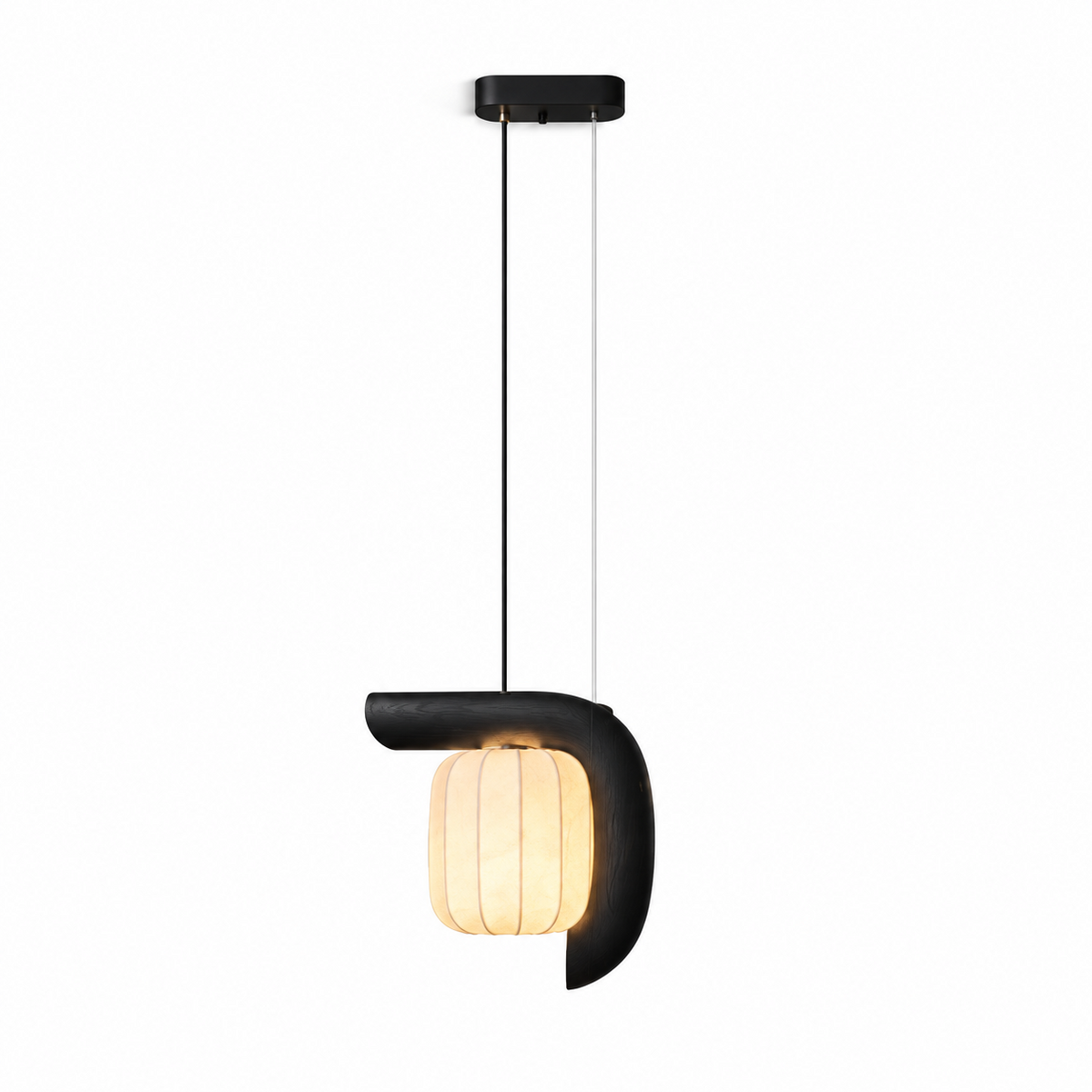 Studio shot of this black, vertical-style Clérachic pendant, its shade glowing softly on a long cord against white.