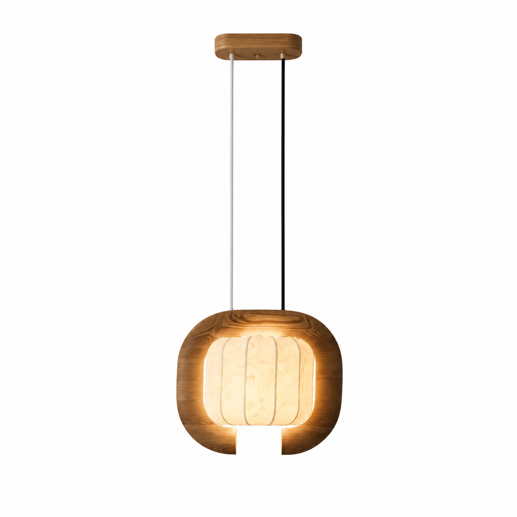 Another studio angle of this dark wood, closed-loop Clérachic pendant, its shade glowing beneath a round canopy.