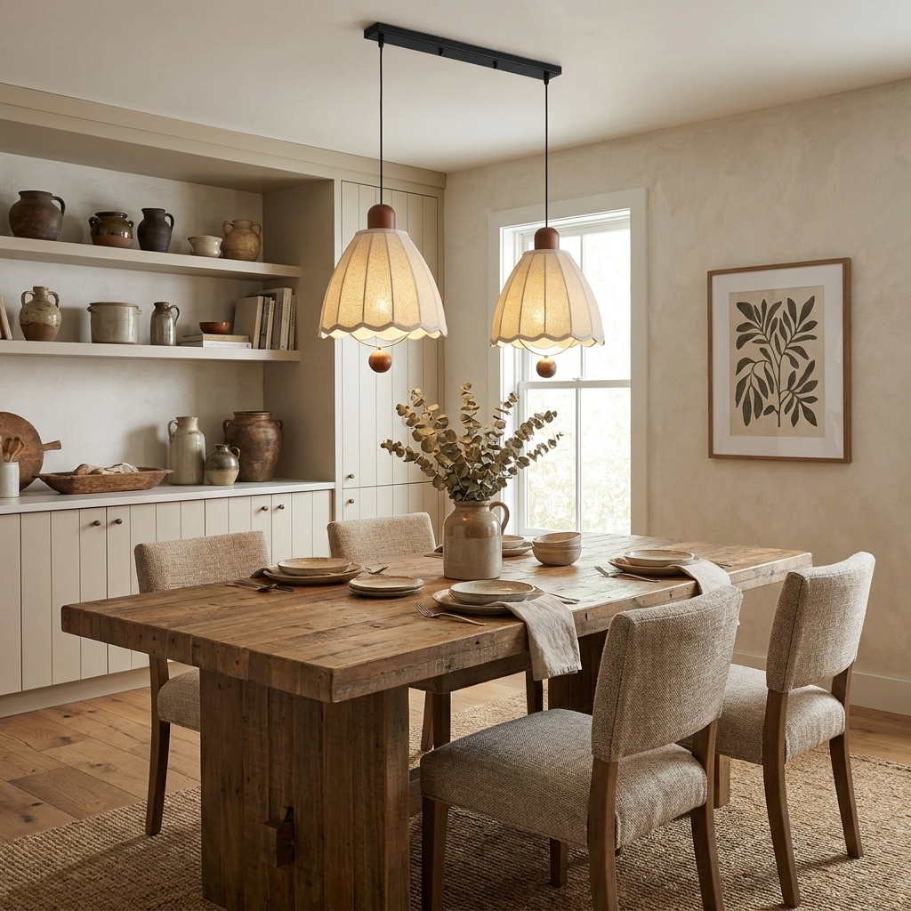 Over a wood table near open shelving of pottery, two of these Clérachic pendants hang from a linear plate.