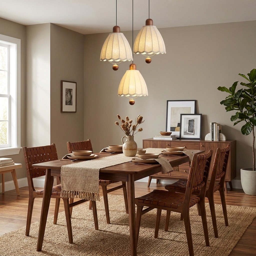 Above a dark wood dining table set for a meal, three of these Clérachic pendants hang near a gallery wall.