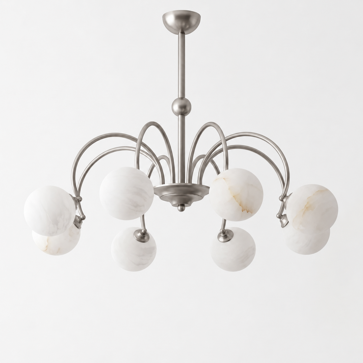 This nickel Clérachic chandelier stands unlit on a plain white background, its crown-arched arms holding eight alabaster balls.