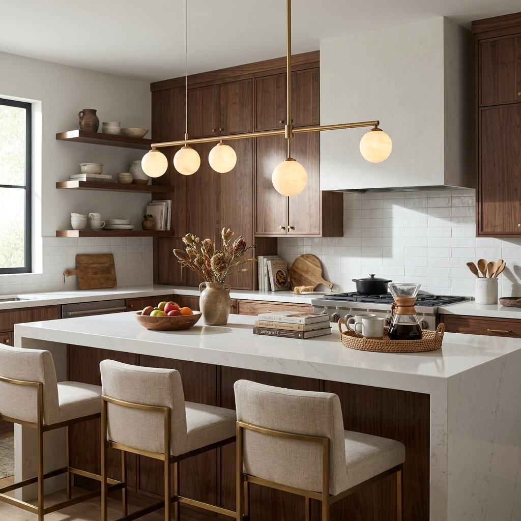 A brushed brass Clérachic chandelier lights a dark wood kitchen island lined with upholstered bar stools.