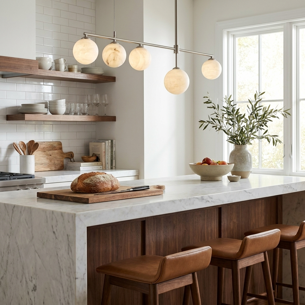 This brass Clérachic chandelier lights a marble kitchen island lined with tan leather stools and open wood shelving.