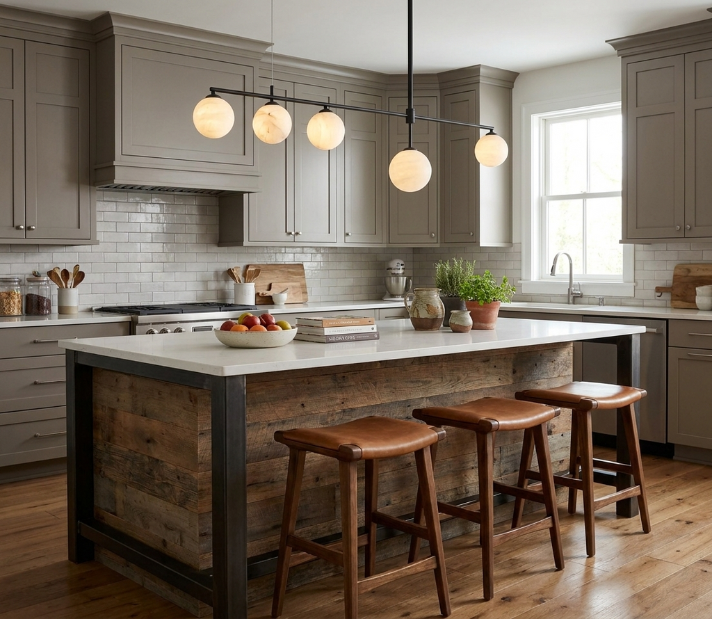 A matte black Clérachic chandelier lights a reclaimed-wood kitchen island beside taupe cabinetry and leather stools.