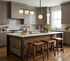 A matte black Clérachic chandelier lights a reclaimed-wood kitchen island beside taupe cabinetry and leather stools.