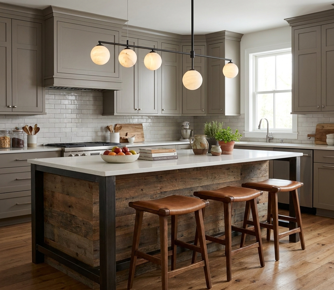 A matte black Clérachic chandelier lights a reclaimed-wood kitchen island beside taupe cabinetry and leather stools.