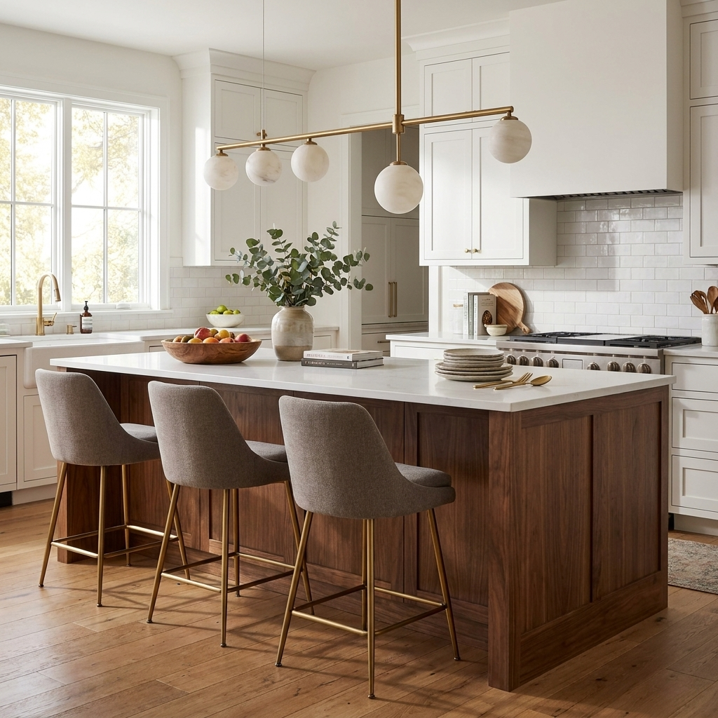 A brass Clérachic chandelier glows above a white kitchen island with wood cabinetry and brass-legged stools.