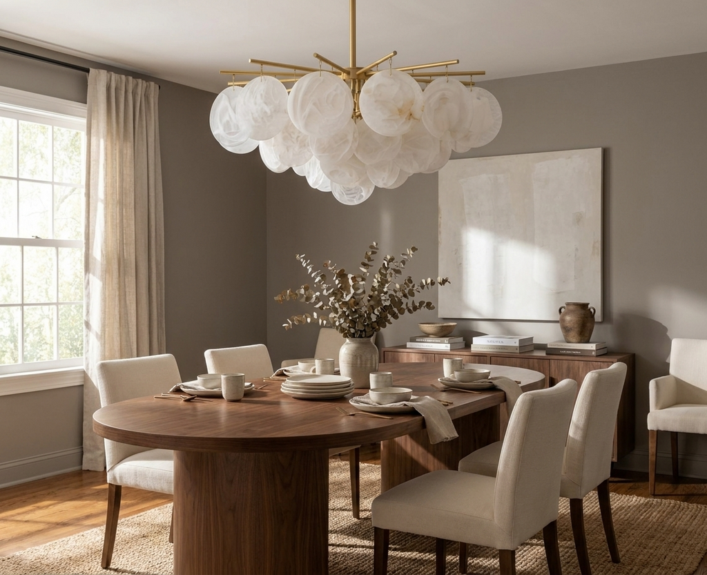 Sunlight fills a dining room where this brass Clérachic chandelier glows above a round wood table and cream chairs.