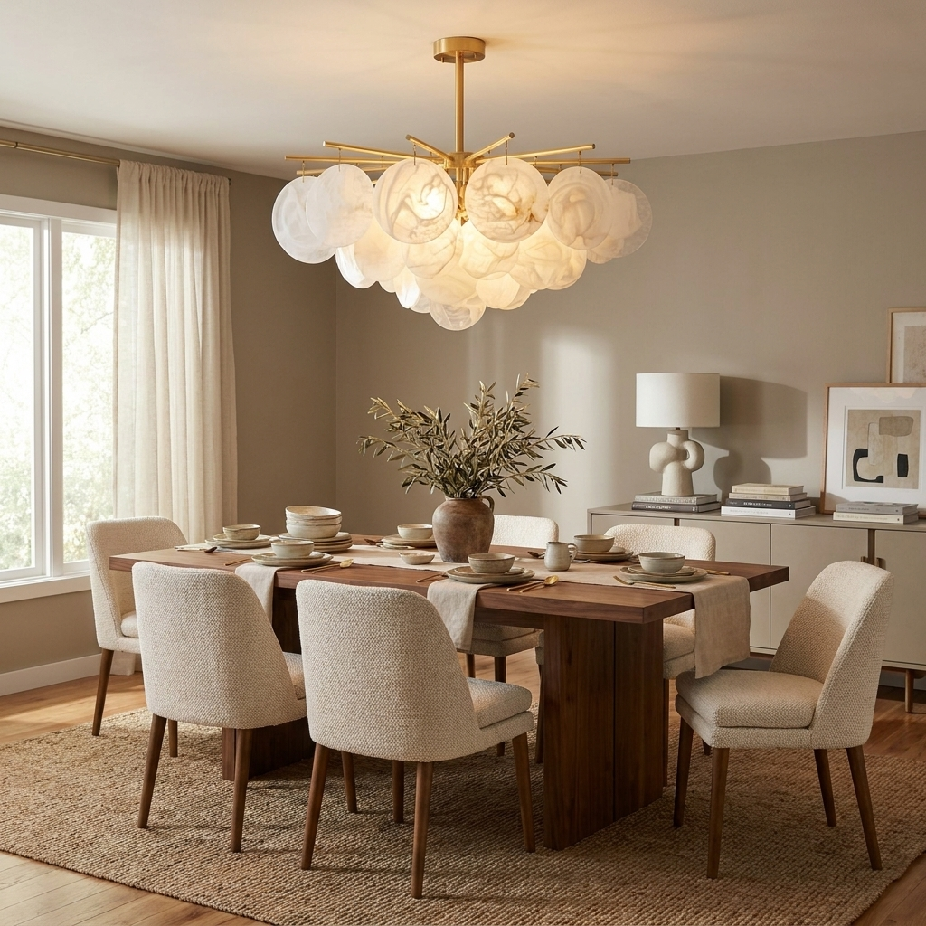 A brass Clérachic chandelier lights a dining room with a live-edge wood table and a mix of cream and tan chairs.