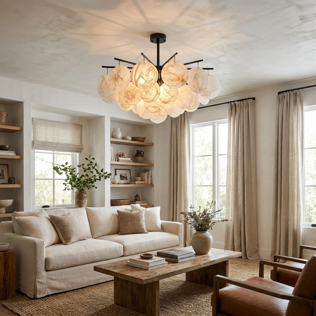 A black Clérachic chandelier lights a living room with built-in bookshelves, a linen sofa and a stone fireplace.