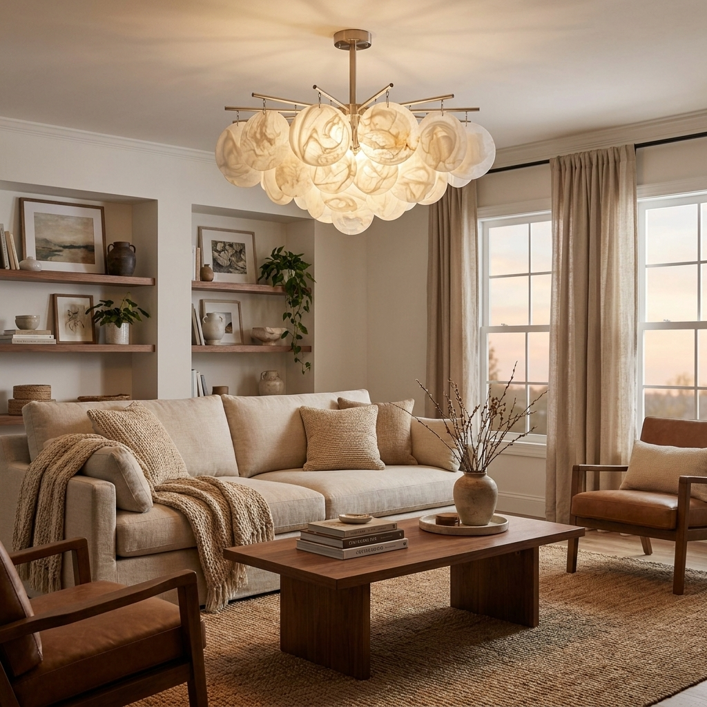 A brass Clérachic chandelier glows above a coffee table in a living room furnished with a linen sofa and leather armchairs.