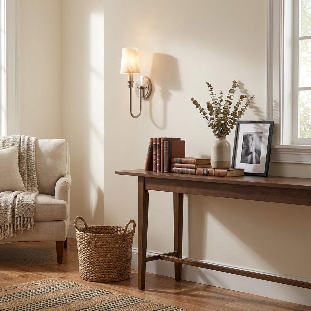 Above an entryway console with a woven basket beneath, this Clérachic sconce in brass hardware lights the corner.