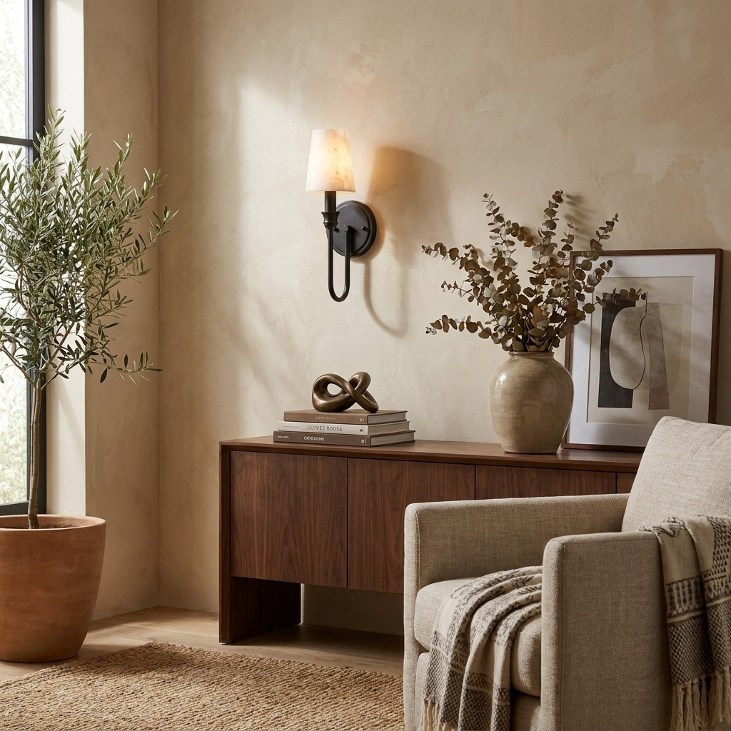 Above a wood sideboard with an olive plant, this Clérachic sconce in black hardware casts a warm glow.