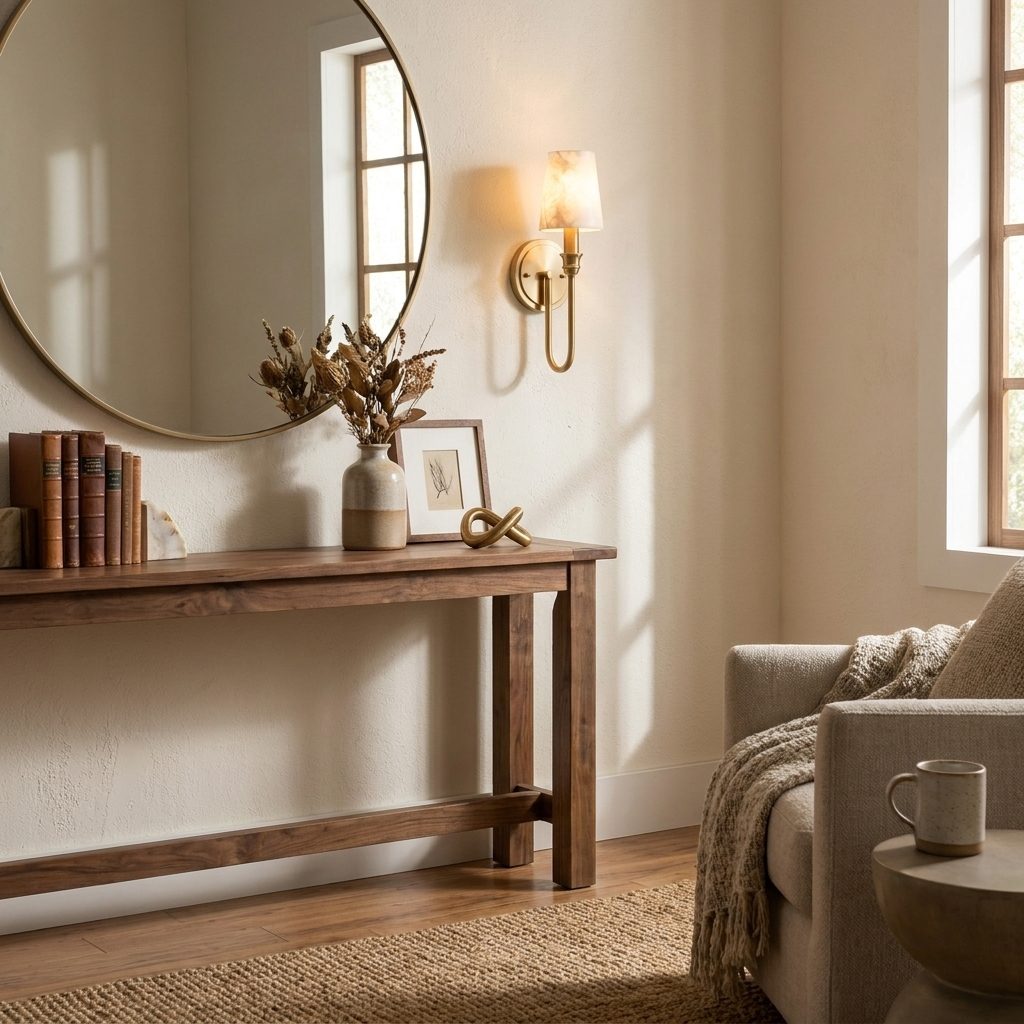 Beside a round mirror and a console table near a sofa, this Clérachic sconce in brass hardware glows softly.