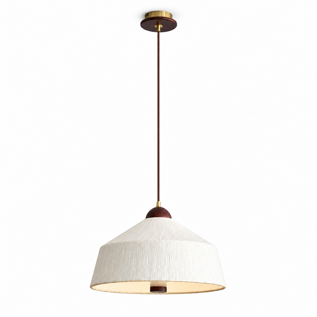 Shown in white rice paper, this Clérachic pendant's cone shade hangs from a brass canopy on a dark cord.