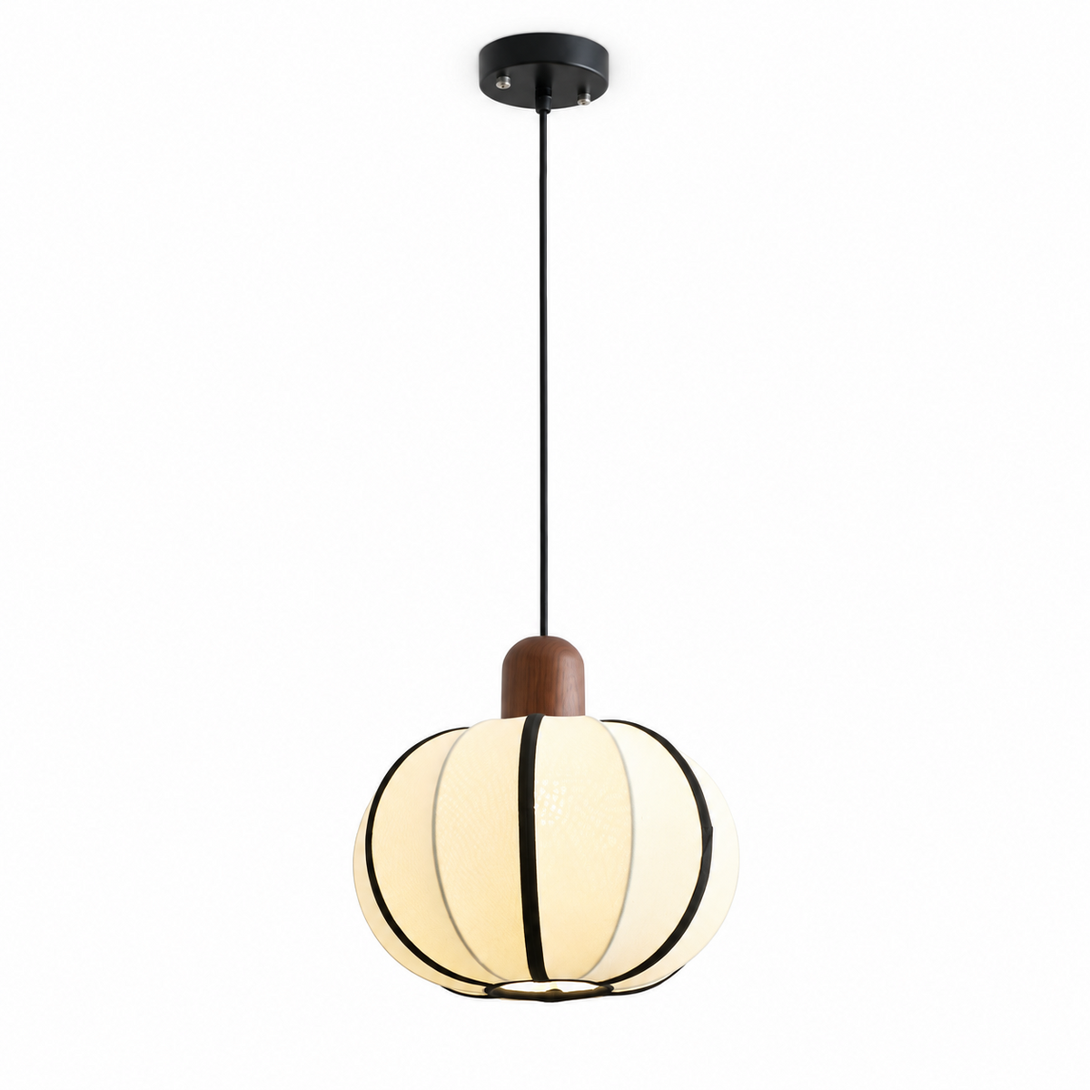 Product view of this Clérachic pendant hung from a black round canopy, its ribbed cream shade glowing softly.