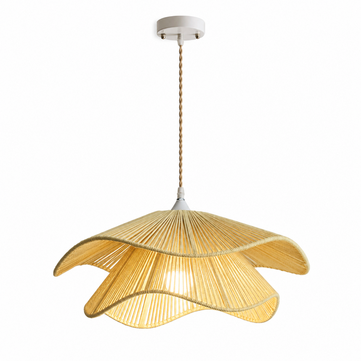 This Clérachic pendant in light yellow cotton cord shows its rippling double-tier shade lit on a plain white background.