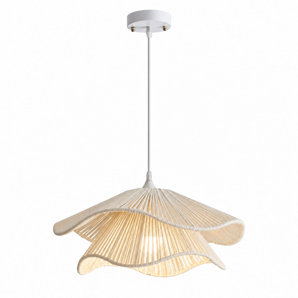 A white cotton-cord version of this Clérachic pendant, wavy petal tiers lit, shown on a plain backdrop with white canopy.