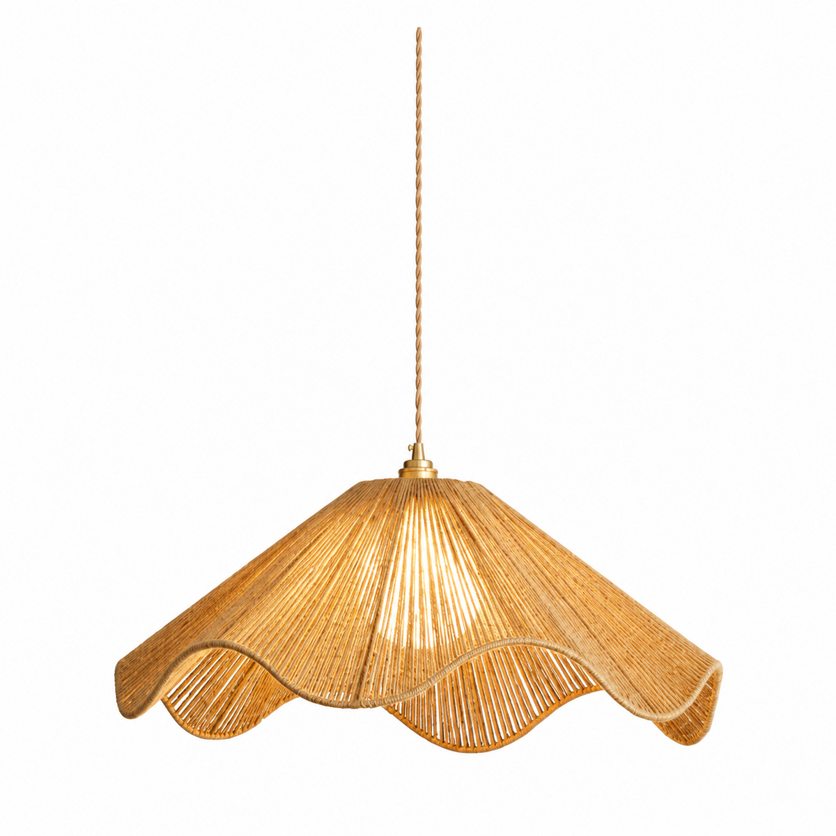 Lit and shown in full, this Clérachic pendant's cord runs from a brass canopy down to its wavy hemp-rope hem.