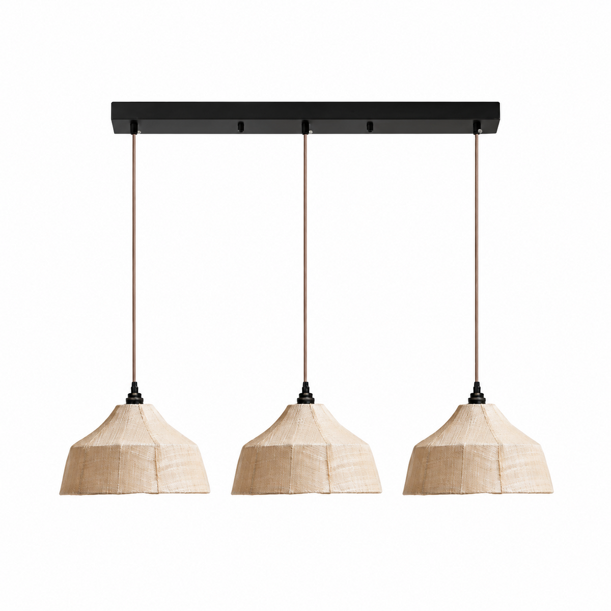 Three faceted woven Clérachic pendants hang at matching height from a black linear ceiling plate.
